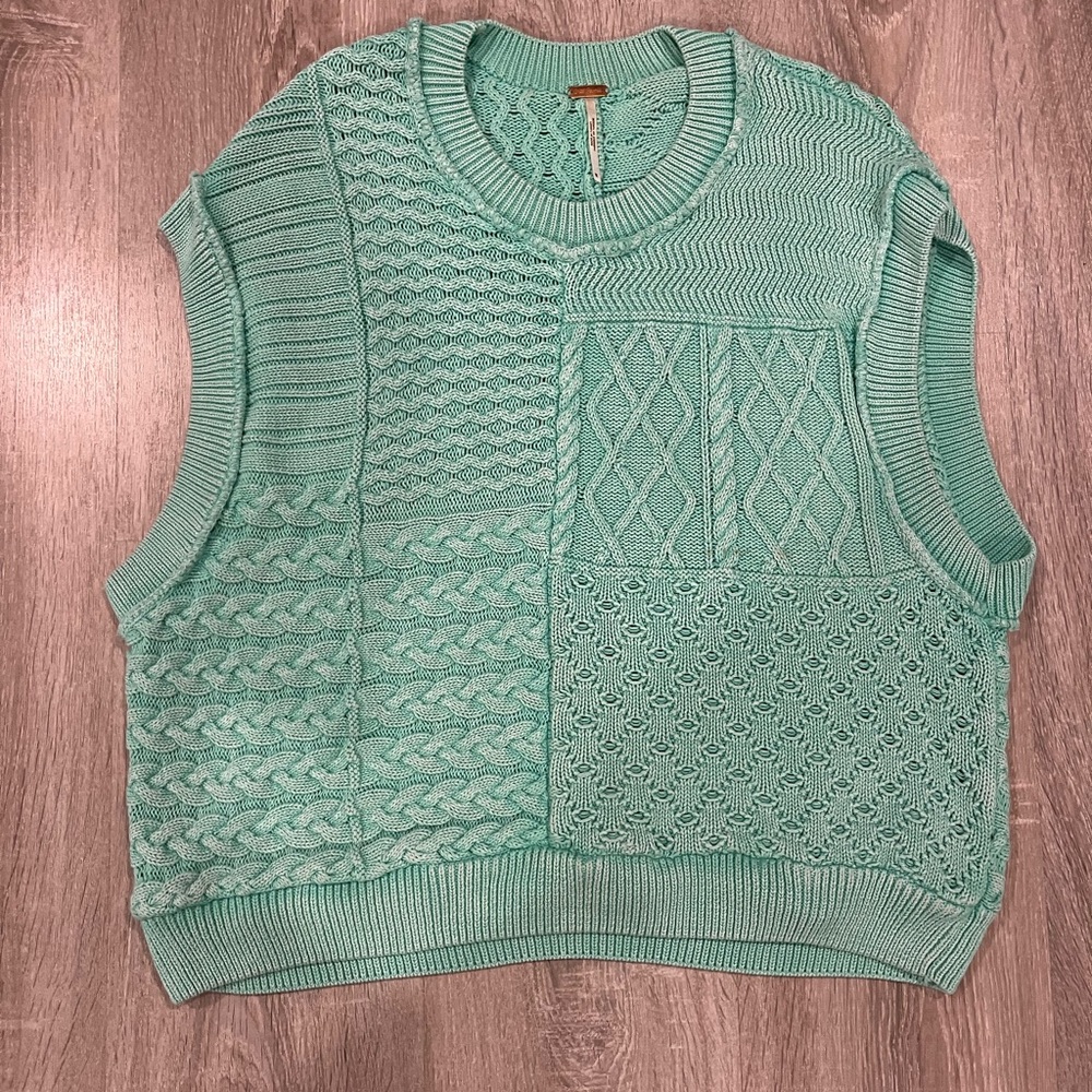 Free People Mint Green Cable-Knit Crewneck Sweater Vest - Picture 4 of 6